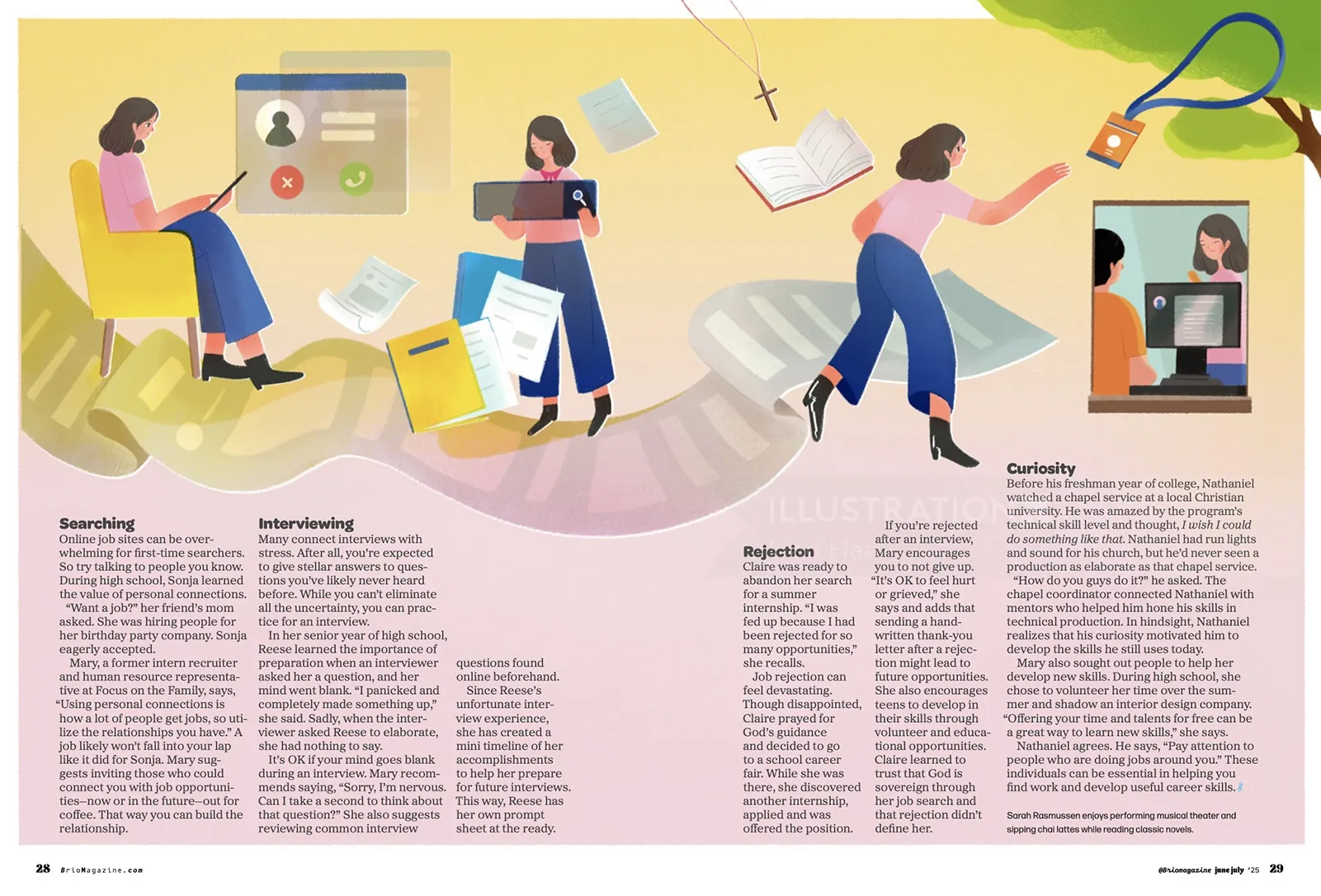 Illustration of people using digital devices and documents, by Hao Hao
