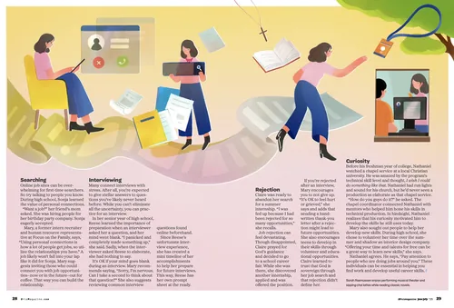 Illustration of people using digital devices and documents, by Hao Hao