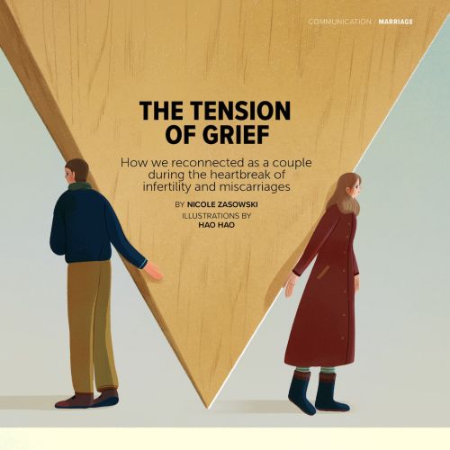 Illustration of a man and woman separated by a wooden triangle by Hao Hao