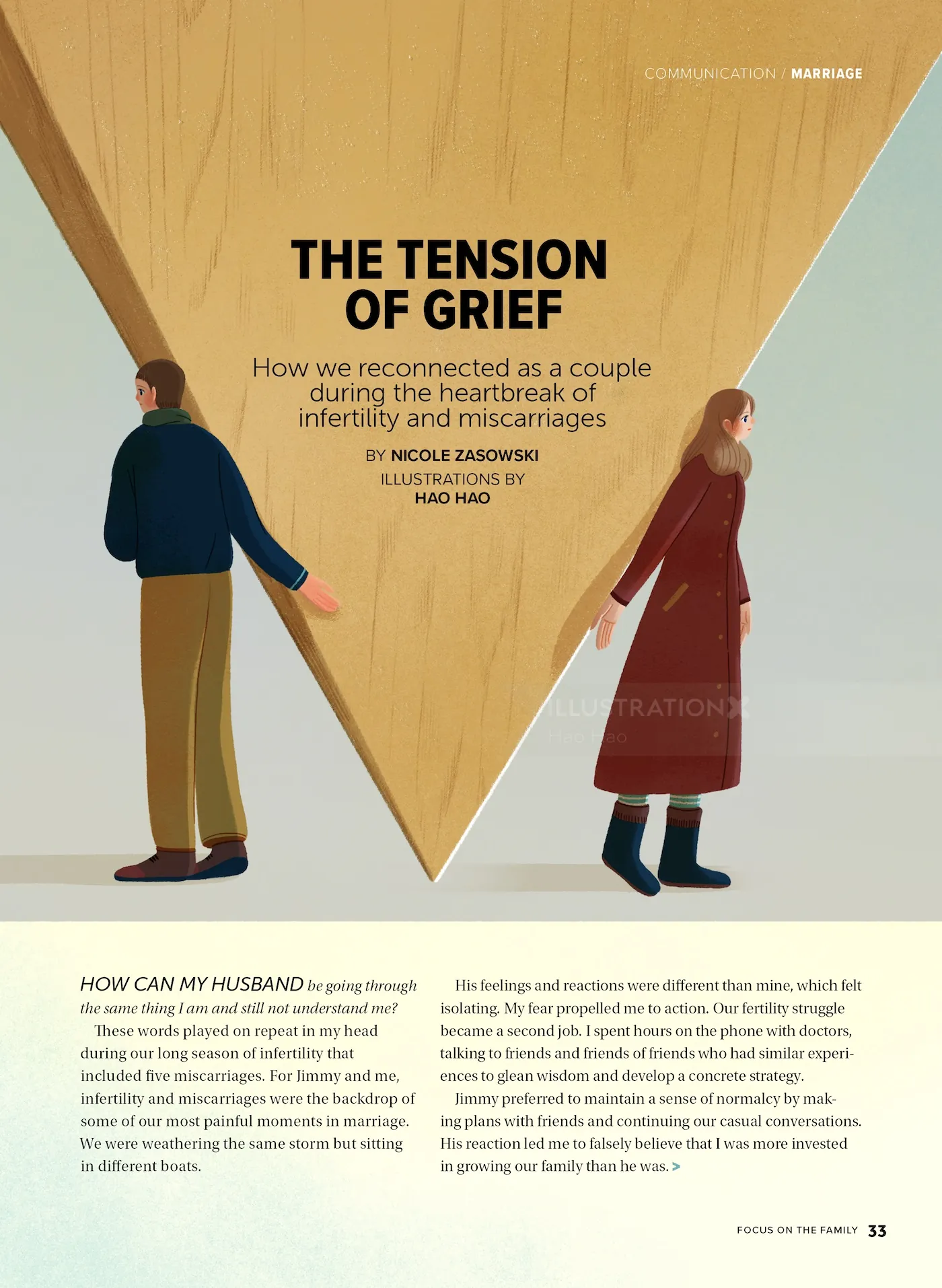 Illustration of a man and woman separated by a wooden triangle by Hao Hao