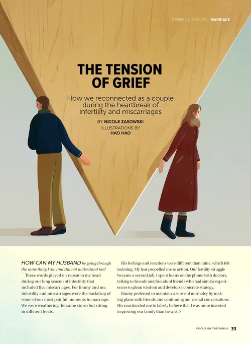 Illustration of a man and woman separated by a wooden triangle by Hao Hao