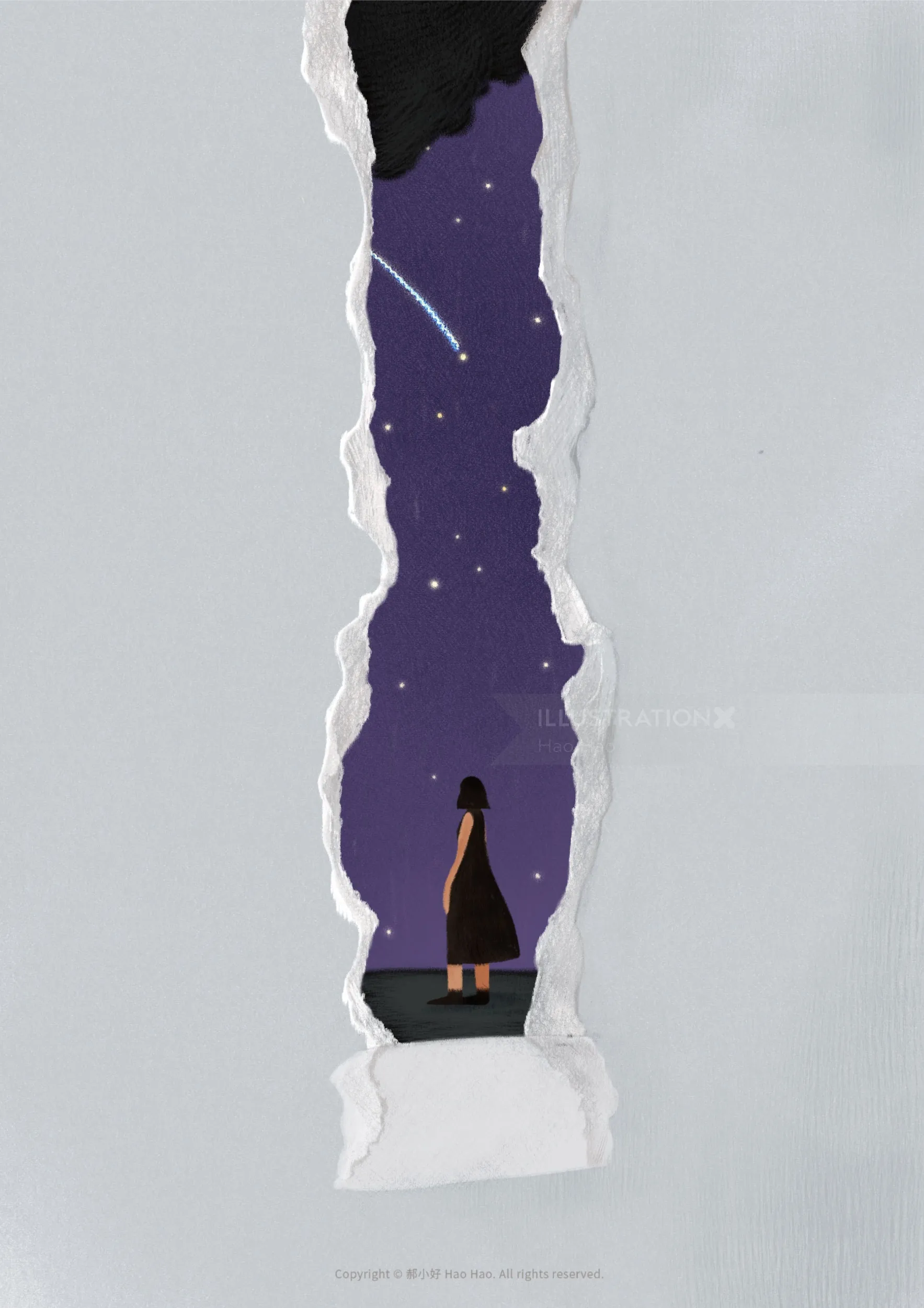 Girl silhouette gazing at starry night sky with shooting star, by Hao Hao