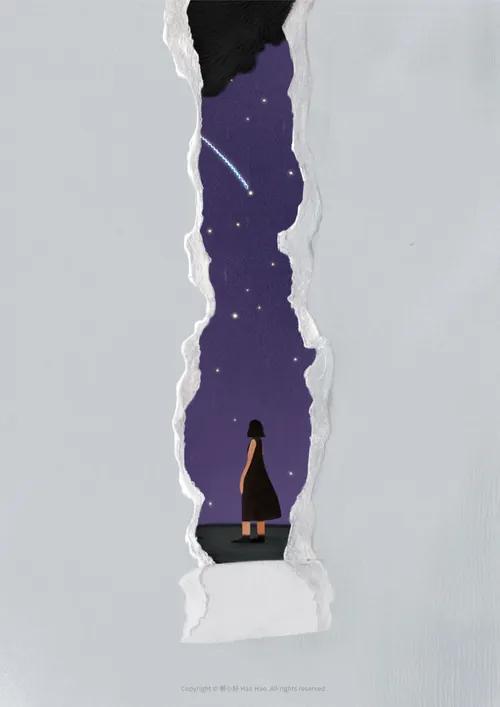 Girl silhouette gazing at starry night sky with shooting star, by Hao Hao