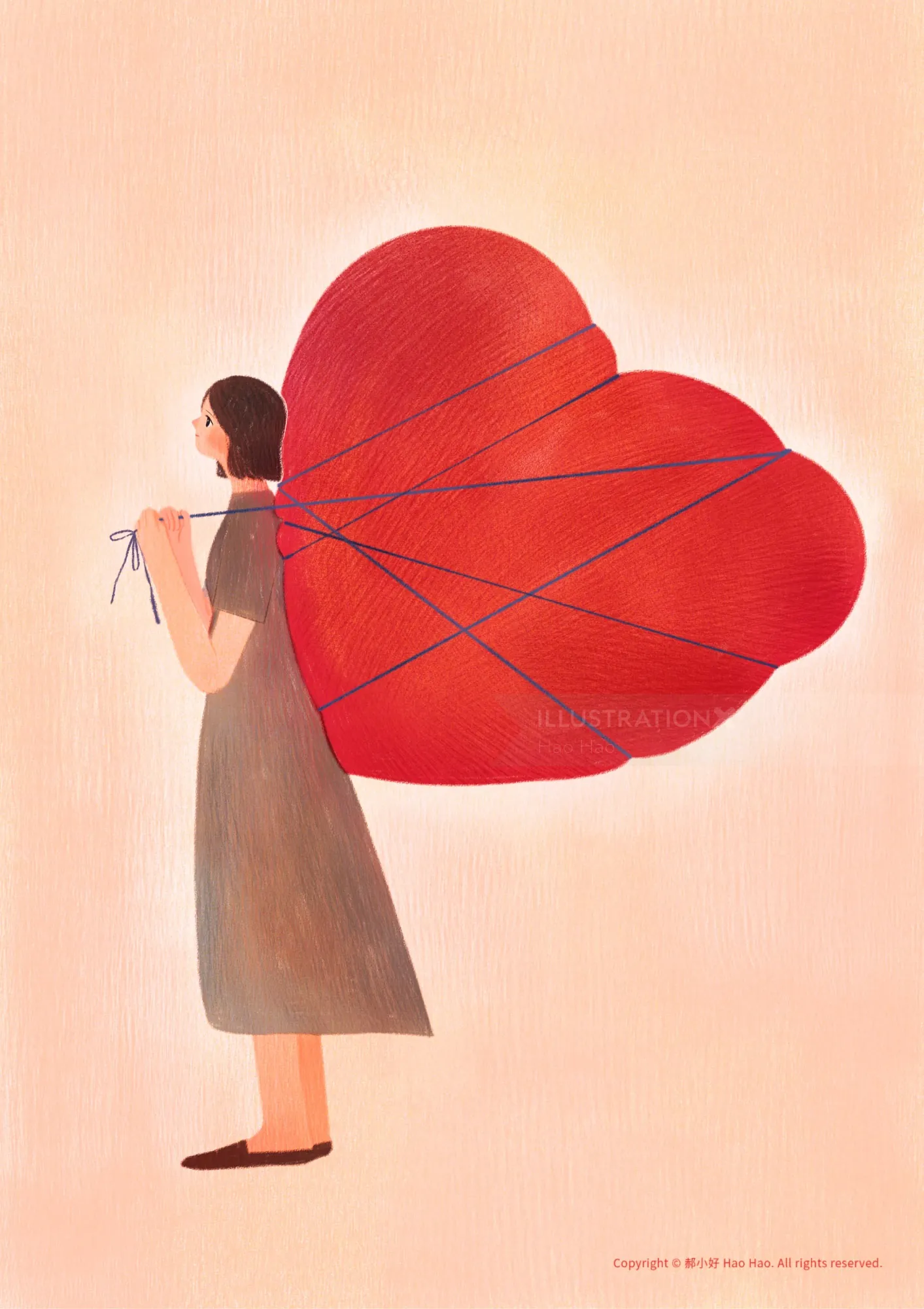 Woman holding large heart balloon tied with strings, illustration by Hao Hao