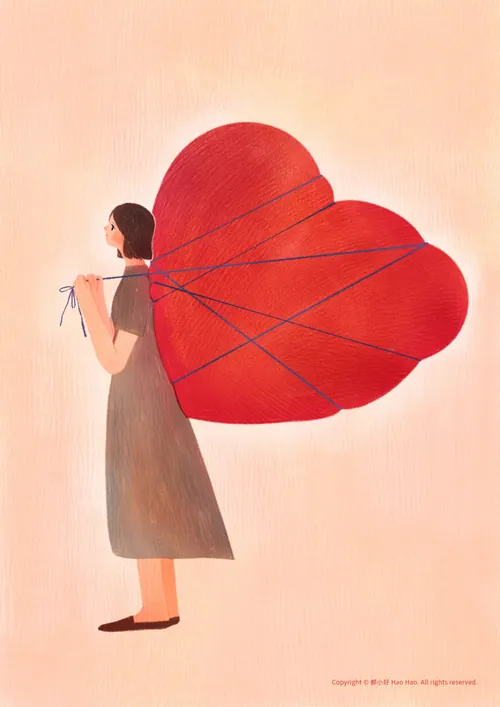 Woman holding large heart balloon tied with strings, illustration by Hao Hao