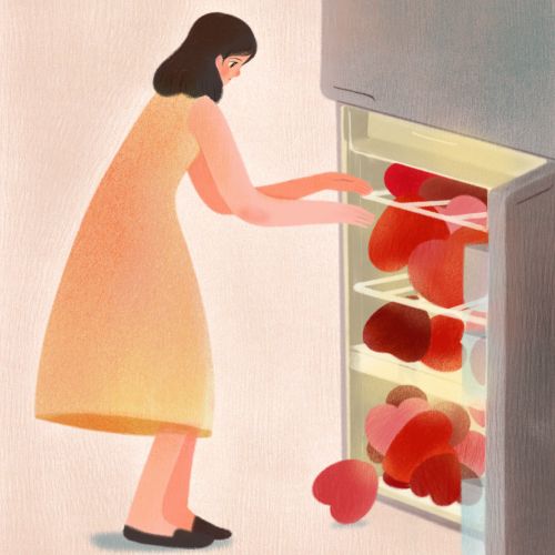 Woman in yellow dress taking apples from refrigerator by Hao Hao