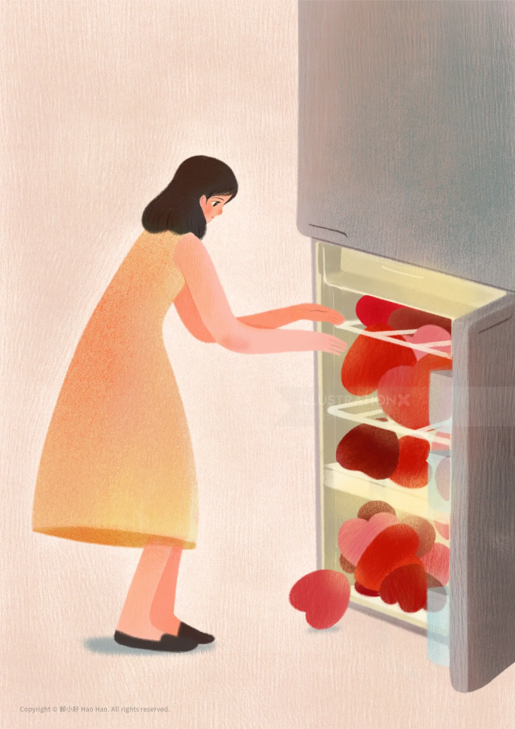 Woman in yellow dress taking apples from refrigerator by Hao Hao