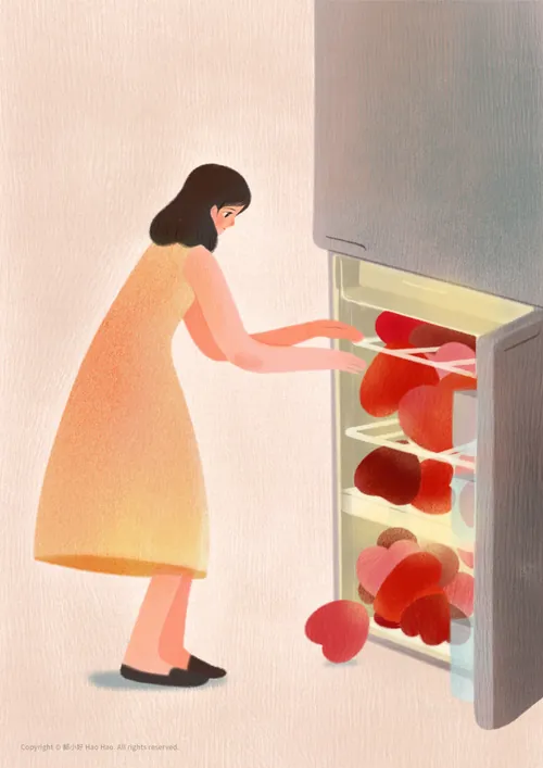 Woman in yellow dress taking apples from refrigerator by Hao Hao