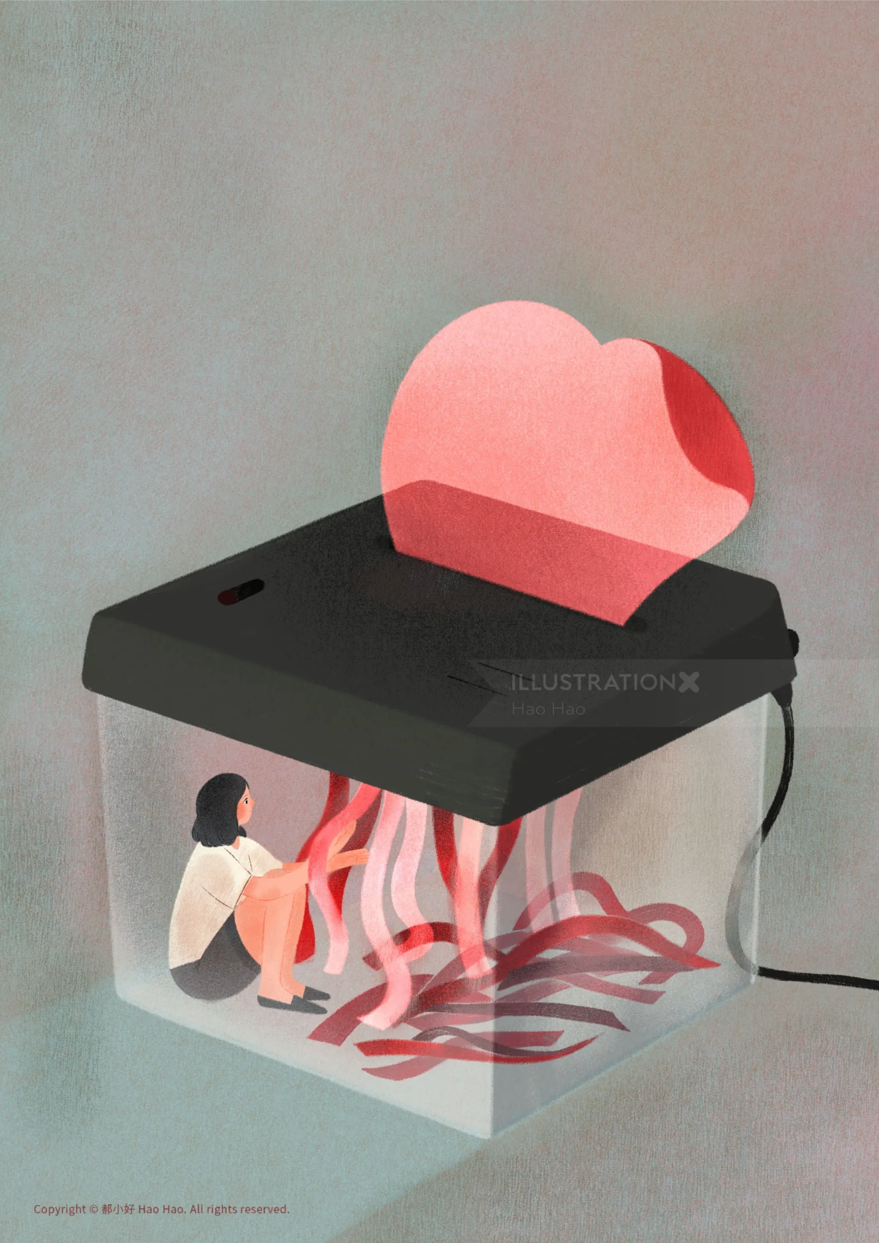Woman sitting inside a transparent shredder with heart-shaped paper by Hao Hao