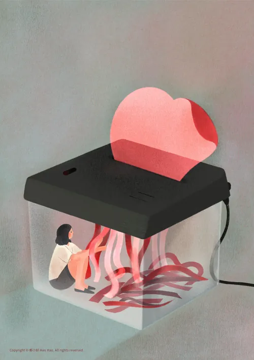 Woman sitting inside a transparent shredder with heart-shaped paper by Hao Hao
