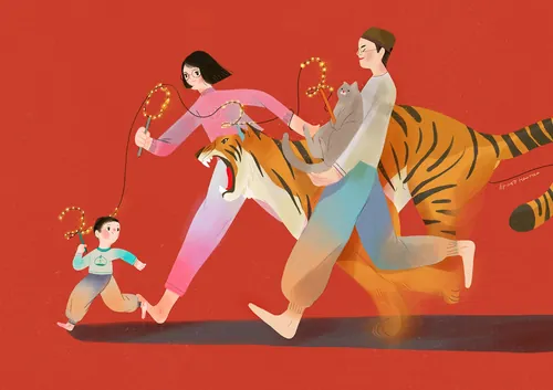 Hao Hao 여성이 호랑이를 타고 있고 아이가 그 옆에서 뛰어가고 있는 그림.