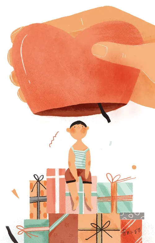 Hao Hao 커다란 주황색 모자 아래 포장된 선물들 사이에 있는 아이의 그림.