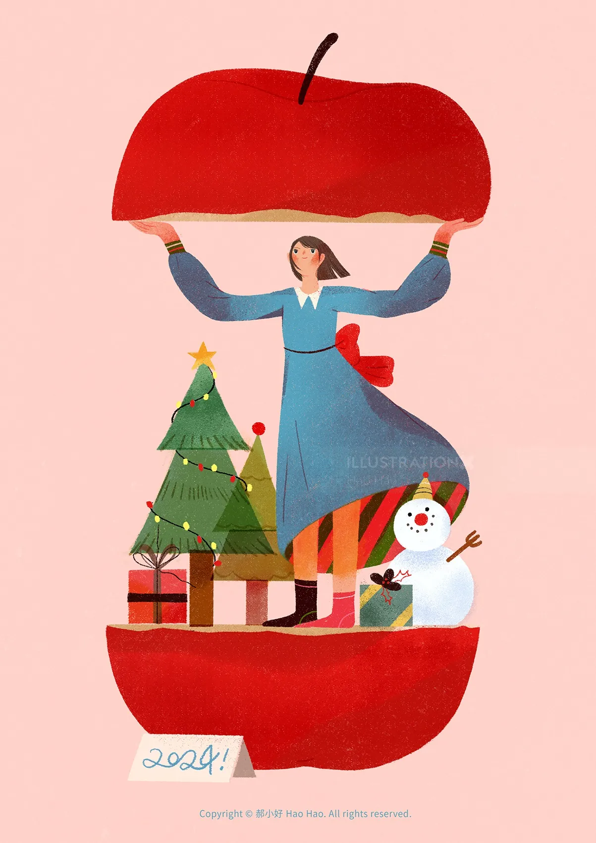 Hao Hao 크리스마스트리 위에 커다란 빨간 과일을 들고 있는 여인의 모습을 그린 크리스마스 삽화.