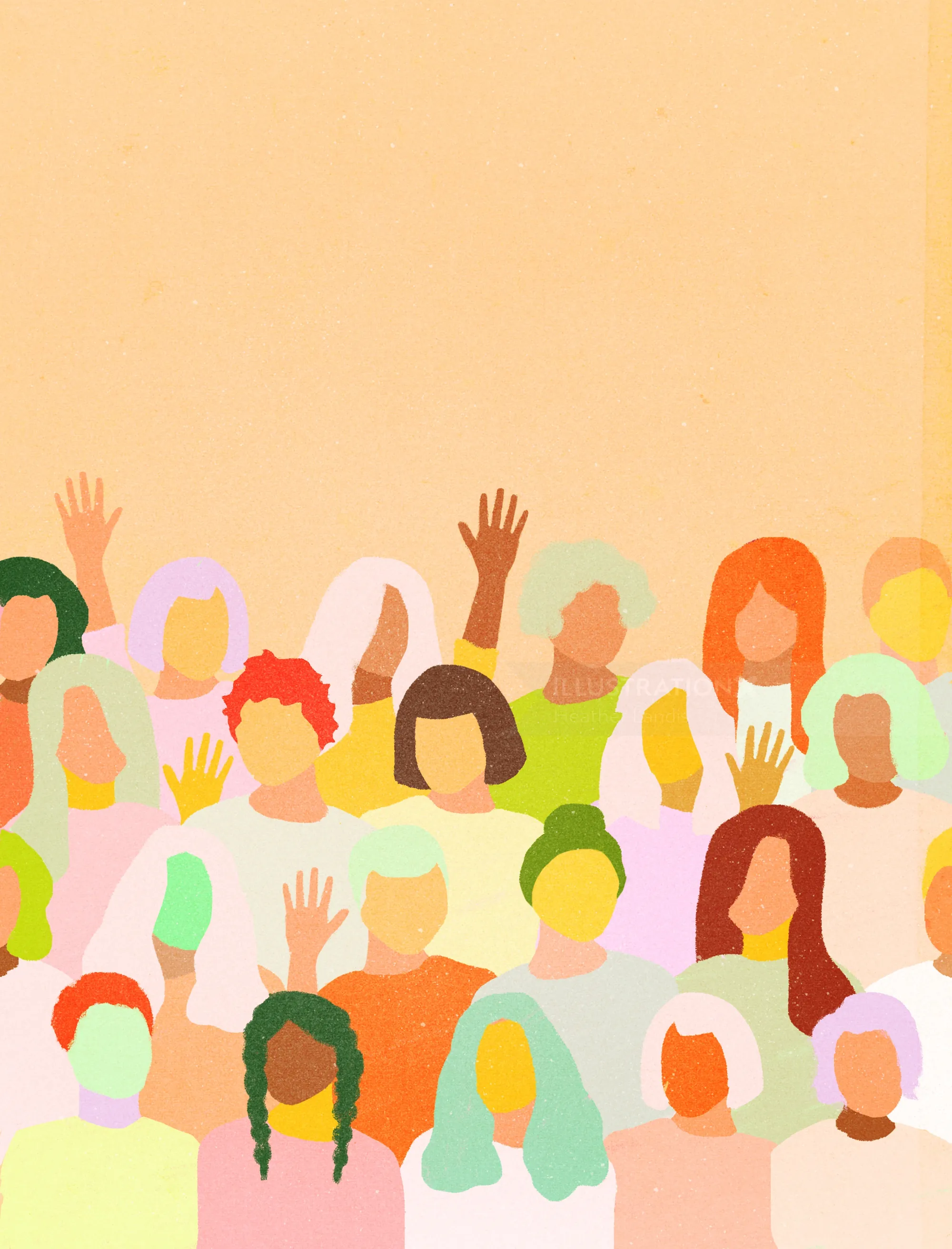 Illustration of diverse people raising their hands by Heather Landis