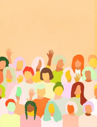 Illustration of diverse people raising their hands by Heather Landis