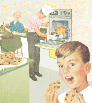 Família cozinhando na cozinha, desenho de Heather Landis