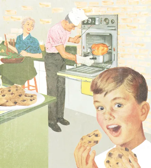 Family cooking in kitchen drawing by Heather Landis
