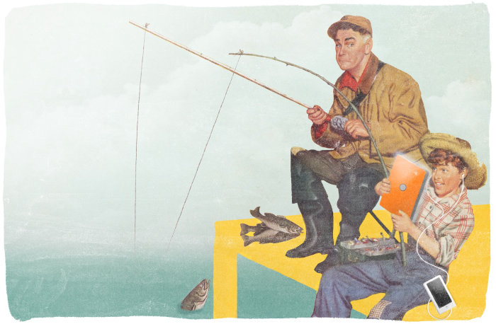 Menino e seu pai pescando juntos em um píer