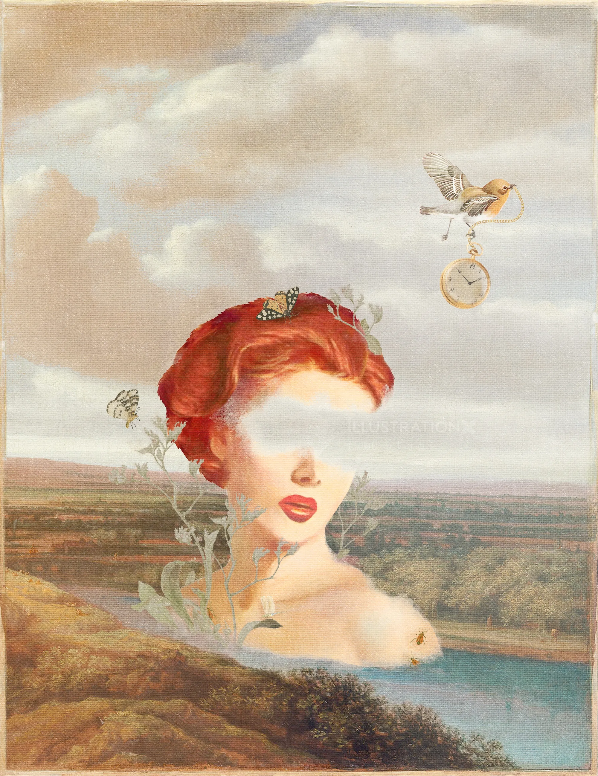 Surreal portrait with red hair and insects in a countryside setting by Heather Landis