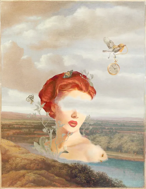Surreal portrait with red hair and insects in a countryside setting by Heather Landis