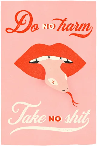 Illustration of red lips with snake tongue and text by Heather Landis