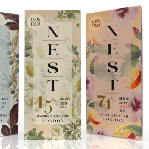 Nest vegan cocoa chocolate bars with floral and fruit designs by Heather Landis