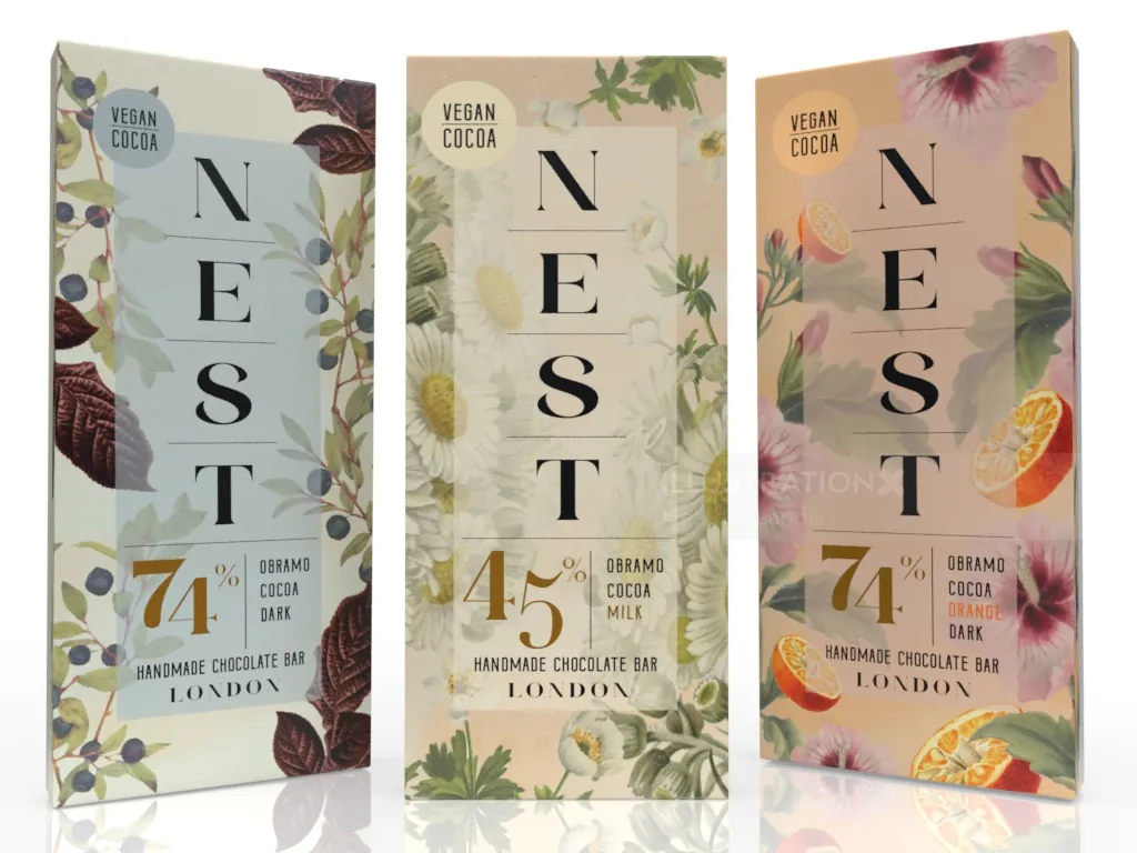 Nest vegan cocoa chocolate bars with floral and fruit designs by Heather Landis