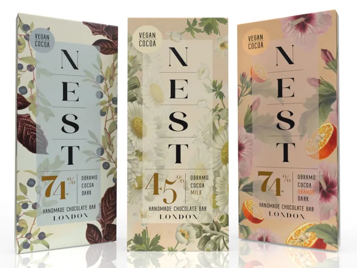 Nest vegan cocoa chocolate bars with floral and fruit designs by Heather Landis