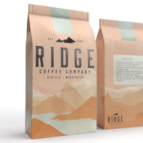 Coffee bags with Ridge Coffee Company mountain design by Heather Landis