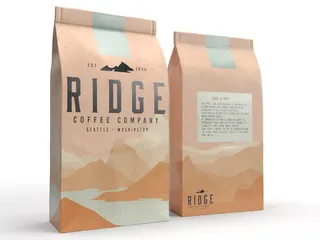 Coffee bags with Ridge Coffee Company mountain design by Heather Landis