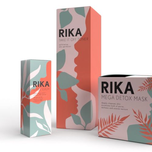 Skincare packaging with coral and teal botanical patterns by Heather Landis