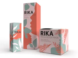 Skincare packaging with coral and teal botanical patterns by Heather Landis