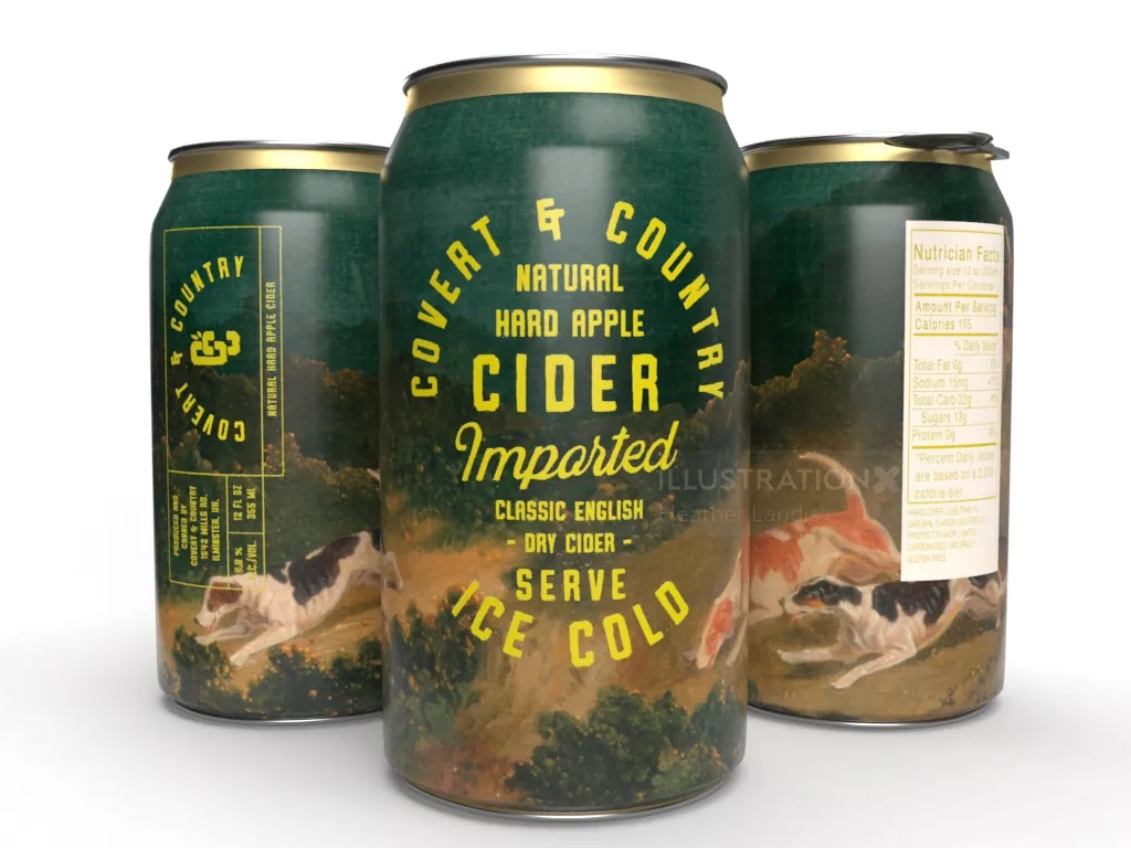 Three Covert & Country Natural Hard Apple Cider cans with nature artwork by Heather Landis