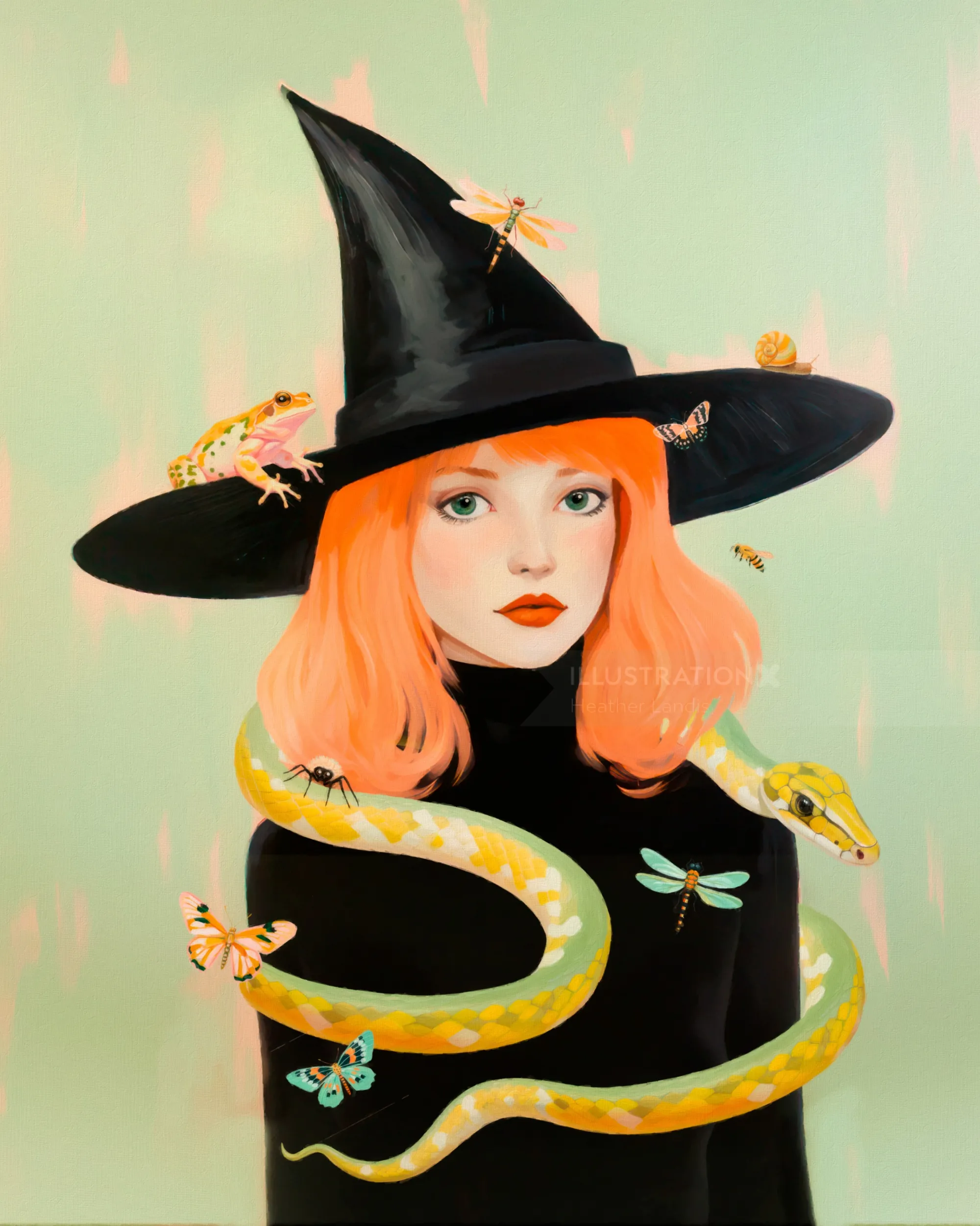 Portrait of a red-haired witch with snake, frogs, and dragonflies by Heather Landis