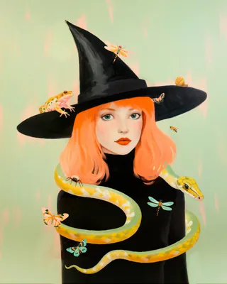 Portrait of a red-haired witch with snake, frogs, and dragonflies by Heather Landis
