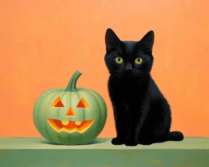 Black cat with green eyes beside a carved green pumpkin by Heather Landis