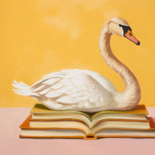 White swan perched on an open book against yellow backdrop
