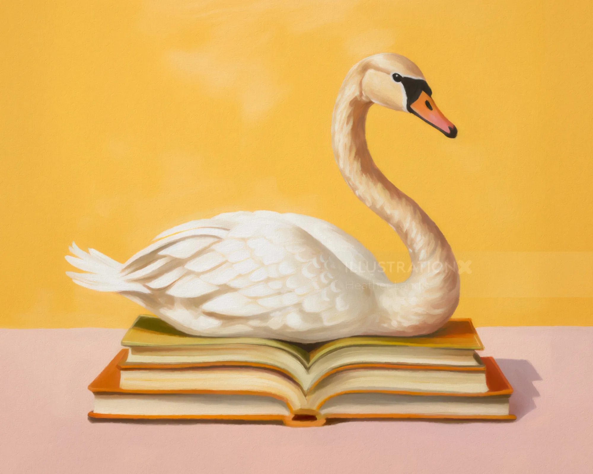 White swan perched on an open book against yellow backdrop