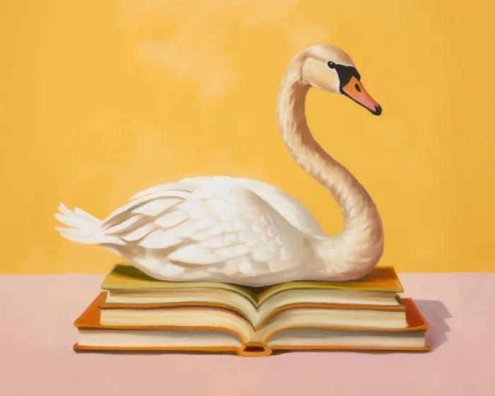 White swan perched on an open book against yellow backdrop