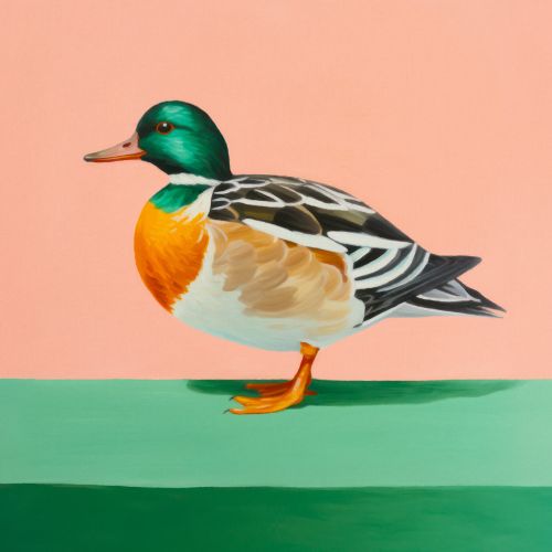 Duck with green head and colorful feathers on green surface
