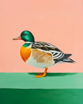 Duck with green head and colorful feathers on green surface