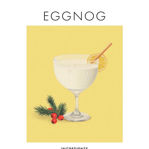 Glass of eggnog with lemon slice and holiday greenery