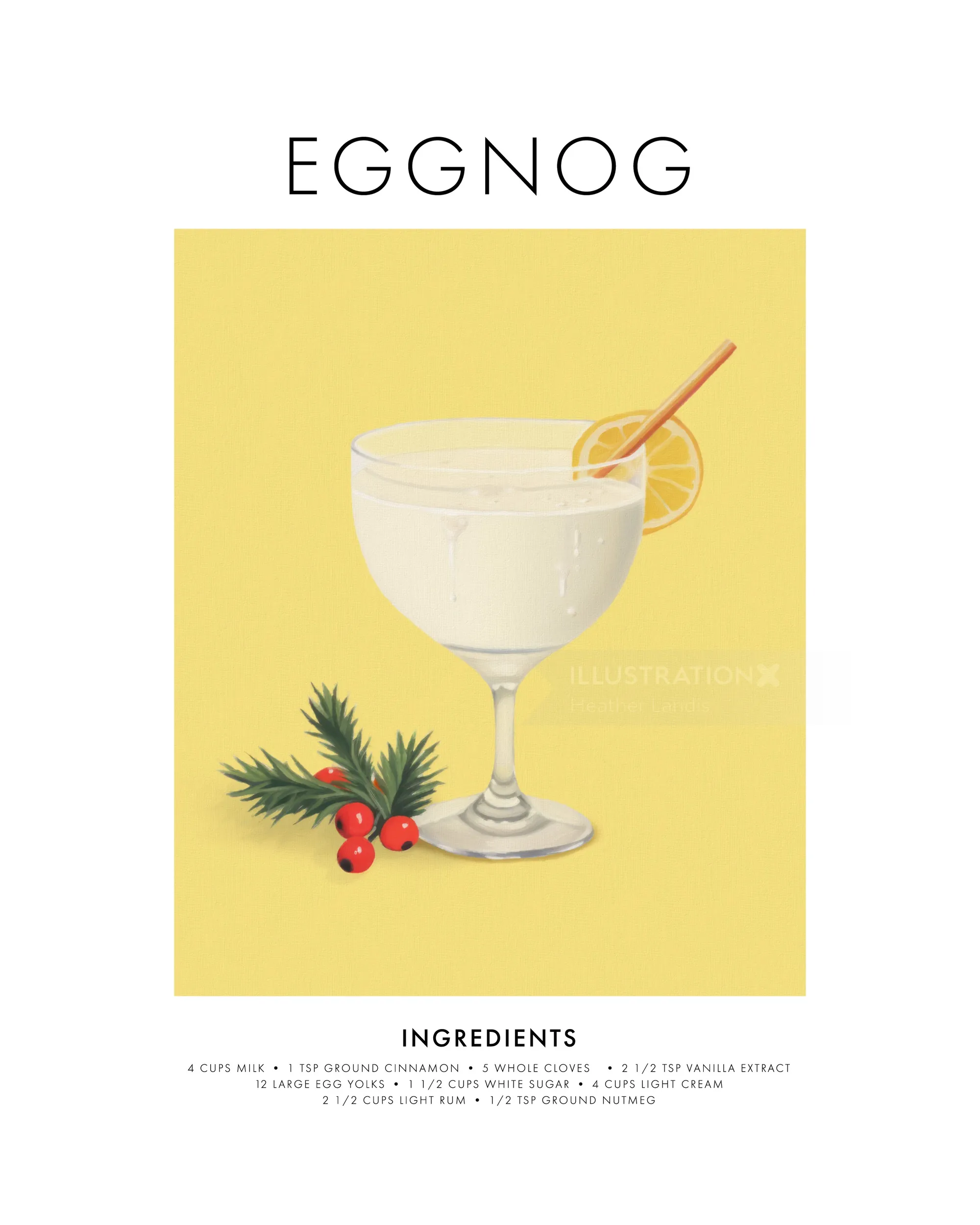 Glass of eggnog with lemon slice and holiday greenery