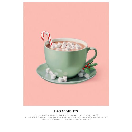 Green cup filled with hot cocoa, marshmallows, and candy cane
