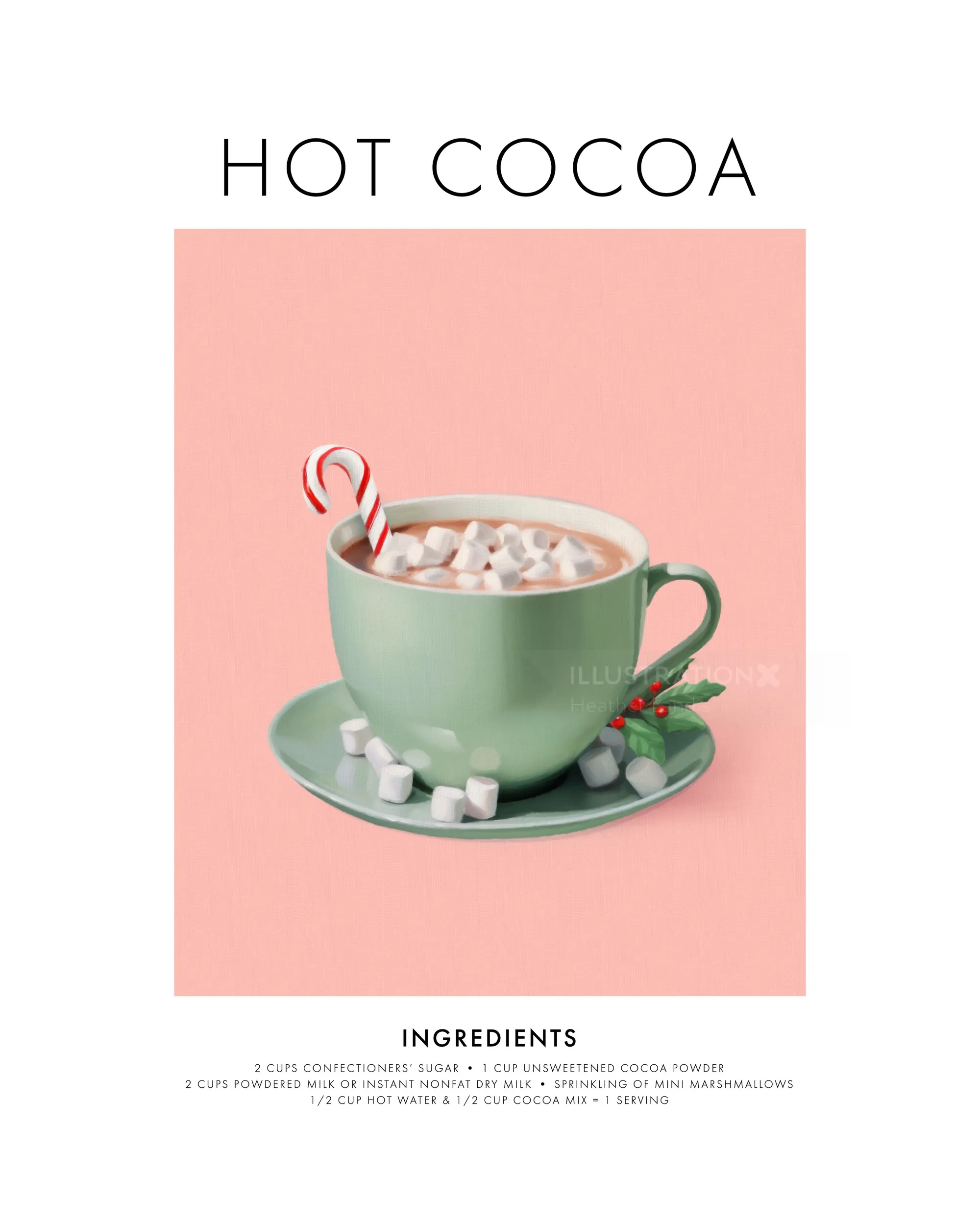 Green cup filled with hot cocoa, marshmallows, and candy cane