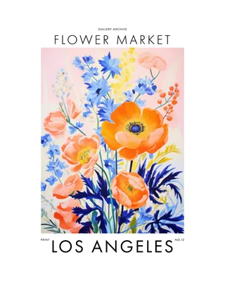Poster of orange and blue flowers labeled Flower Market Los Angeles