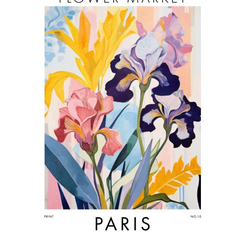 Illustration of colorful irises and leaves for Paris flower market