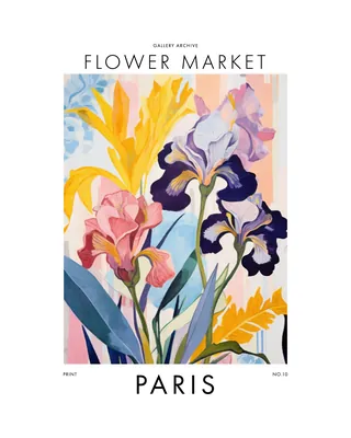 Illustration of colorful irises and leaves for Paris flower market