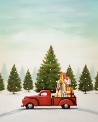 Red vintage truck loaded with Christmas presents in snow