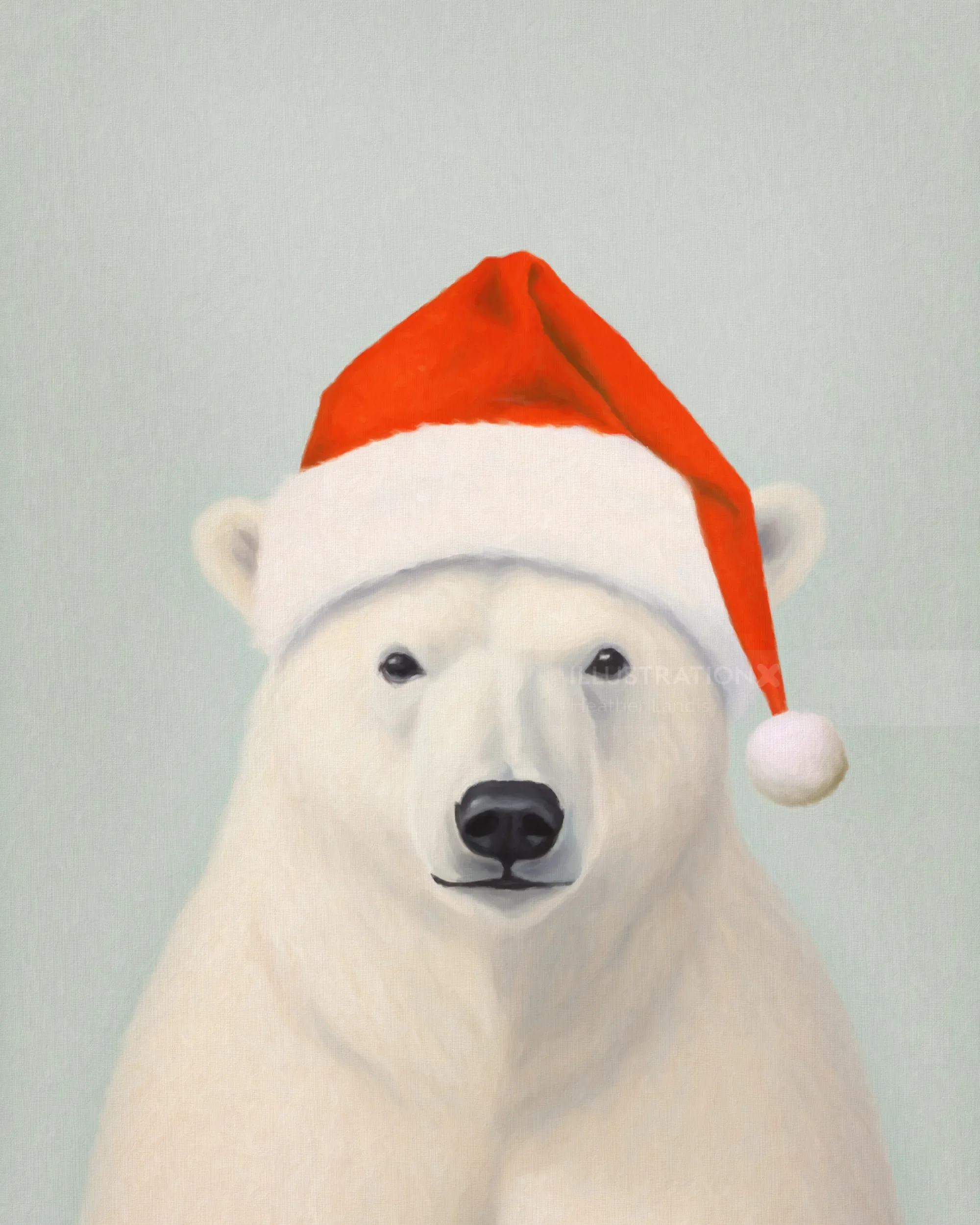 Polar bear with red Santa hat on a plain background